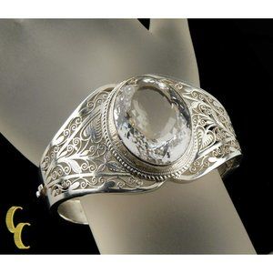 Sterling Silver .925 Bangle Bracelet Colorless Spinel Leaf Vine Design